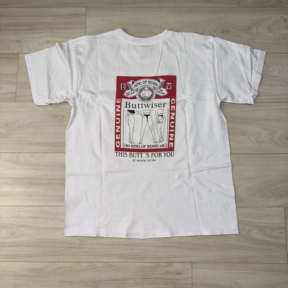 Vintage 90s Budweiser Buttwiser Parody Shirt Size XL White Beach King Of Rears‎